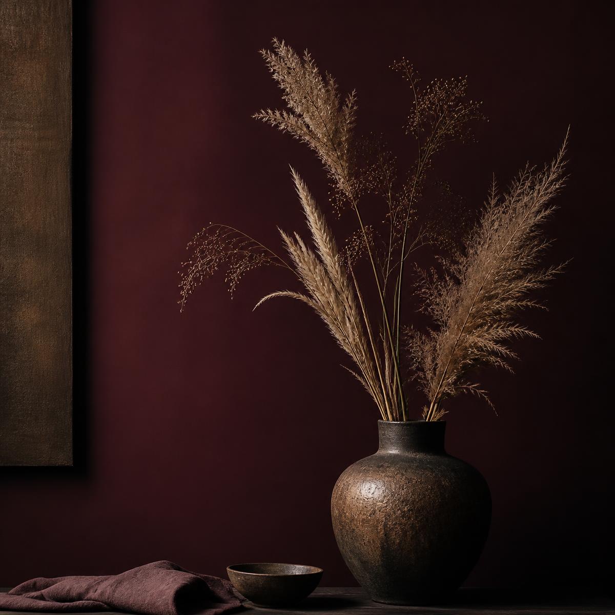 Dried grasses in a ceramic vase against a deep plum wall