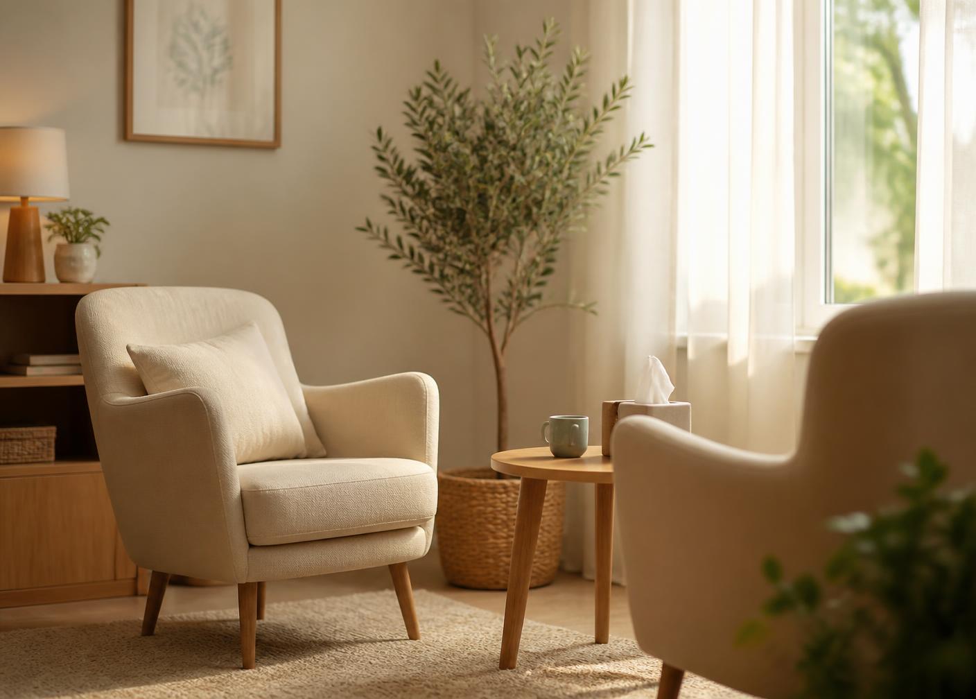 A calm therapy room with two soft armchairs and warm natural light